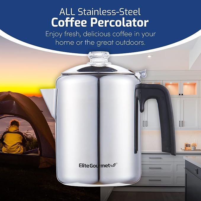 Elite Gourmet EC008 Classic Stovetop Coffee Percolator,Glass Clear Brew Progress Knob,Cool-Touch Handle,Cordless Serve,8-Cup,Stainless Steel,(Pack of 12)