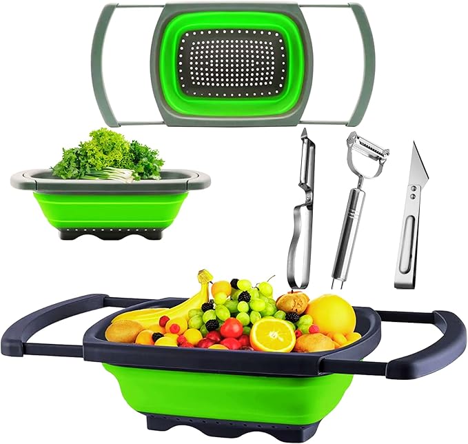 Collapsible Silicone Colander – Space-Saving Foldable Strainer for Pasta, Vegetables & Fruits,3 bonus peelers – Large 6 Qt Kitchen Strainer, Heat-Resistant, BPA-Free & Dishwasher Safe