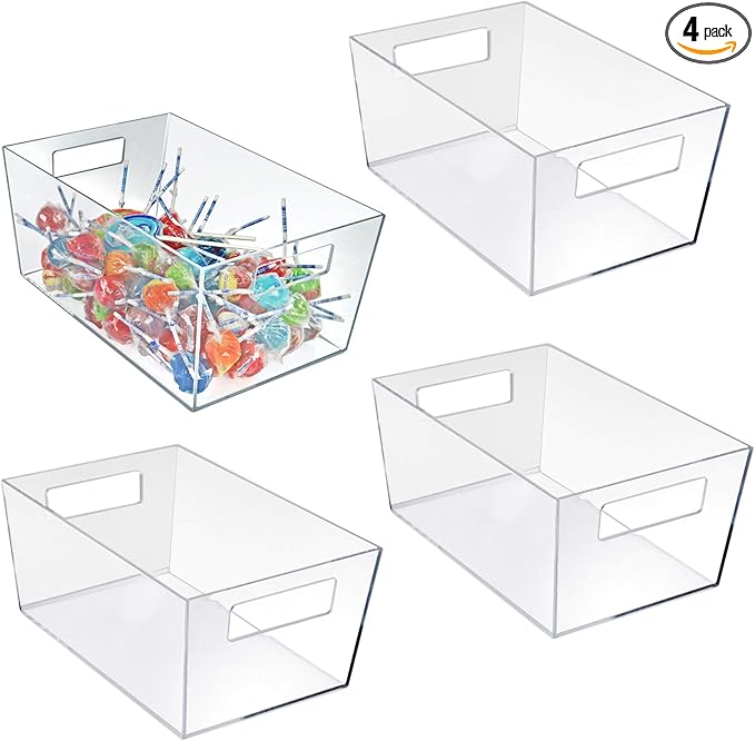 Azar Displays 556239 XL Clear Plastic Organizer Storage Tote Bin with Handle, Pantry Storage, Kitchen and Fridge Organizer, Cabinet and Drawer Container 13"W X 9.5"D X 6.5"H, 4-Pack