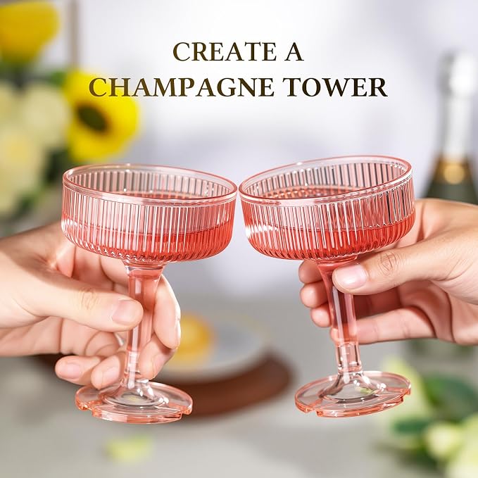 Goodluck 3-Tier Champagne Glasses - 10 PCS 7oz Pink Plastic Champagne Flutes, Plastic Coupe Glasses with Vertical Stripes for Weddings, Celebrations, Parties & Birthdays