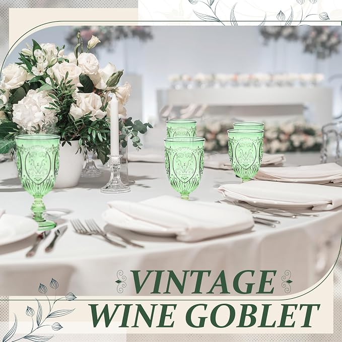 Wiwiqing 6 Pcs Plastic Goblets 7.5oz Vintage Goblet Plastic Wine Glasses Colored Retro Embossed Water Goblets for Wine Bar Juice Baby Shower Wedding Reception Grand Event Party (Green)