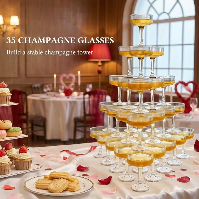 Goodluck 5-Tier Champagne Glasses - 35 PCS 7oz Clear Plastic Champagne Flutes, Plastic Coupe Glasses with Vertical Stripes for Weddings, Celebrations, Parties & Birthdays