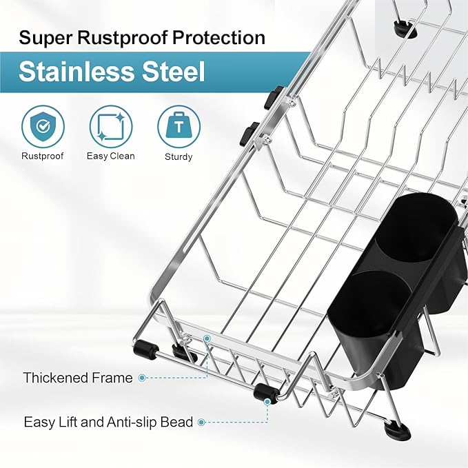 GSlife Small Over the Sink Dish Drying Rack - 9" W Expandable Stainless Steel Compact Dish Drainer for RV, Apartment, Camper, Kitchen, Dish Strainer with Lock Knob, Silver