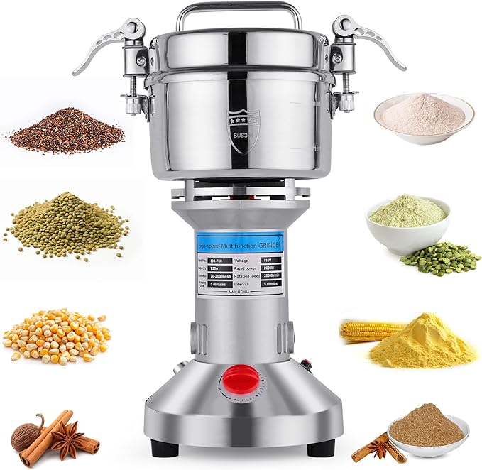 Electric Grain Mill Grinder - 2000W High-Speed 750g 304 Stainless Steel Professional Grain Mill & Spice Grinder for Kitchen and Coffee Shop - Grinds Grains, Coffee, and Dry Spices with Easy Operation