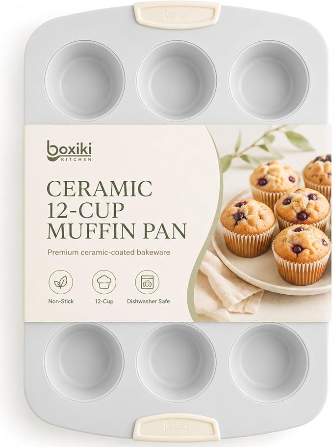 Boxiki Kitchen Ceramic 12-Cup Muffin Pan, 15.55"x11" Nonstick Cupcake Pan - Heavy Duty 0.6mm Aluminized Steel, KFCC Ceramic Coating, Oven Safe to 550°F, Rustproof & Warp Resistant Baking Pan