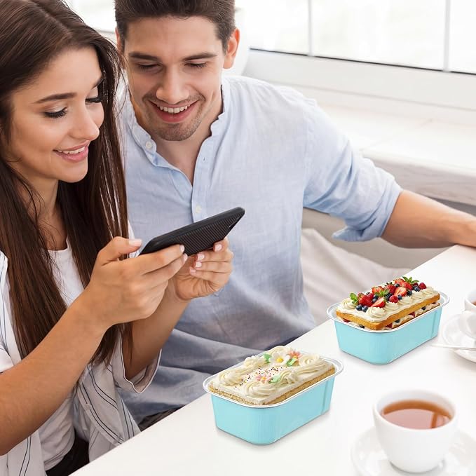 Vesici 100 Sets Mini Loaf Pans with Lids, 5.7 oz Disposable Aluminum Foil Baking Cups, Rectangle Cake Pans for Baking Storage Birthday Party(Powder Blue)