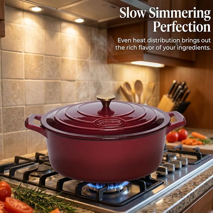 La Cuisine Enameled Cast Iron Oval Dutch Oven Casserole Dish Pot with Lid 6.75 QT Internal Matt Black Enamel Coating for bread baking, Gold-Plated Stainless Steel Lid Handle, Oven Safe up to 500° F. Cranberry