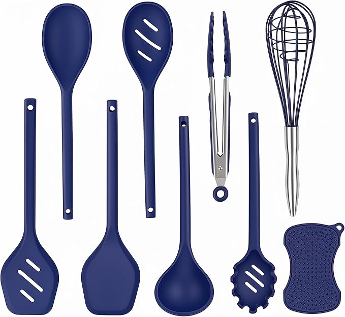 Kitchen Utensils Set,9 PCS Silicone Cooking Utensils Set Spatula Set,Tongs,Spoon,Whisk,Brush,Dishwasher Safe Kitchen Gadgets for Non-Stick Cookware,Home Essential，Kitchen Appliances(Navy Blue)