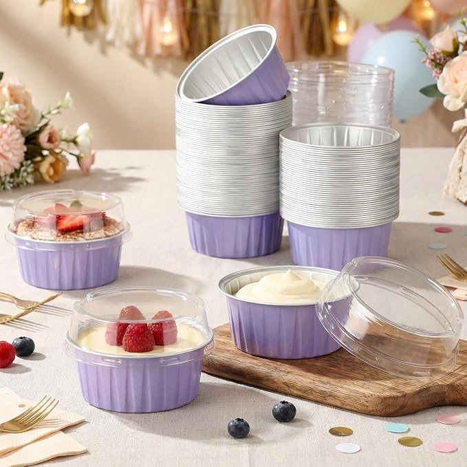 Gejoy 400 Pcs Aluminum Foil Baking Cups with Lids 5 oz Disposable Ramekins Mini Cake Pans Creme Brulee Cupcake Liners Muffin Dessert Container for Wedding Birthday Party (Classic,Light Purple)