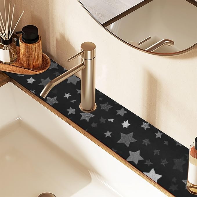 Kitchen Sink Splash Guard 1 PC 14.7 Inch Sink Faucet Mat Splash Guard for Bathroom Countertop Water Absorbent Foldable Cuttable Soft Washable Cute Silver and Gray Stars