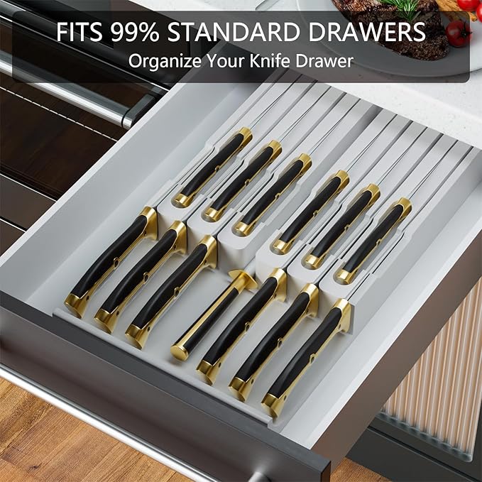 Domax Bamboo In-drawer Knife Block - Kitchen Knife Drawer Organizer Insert, Steak Knife Holder Without Knives, Drawer Knife Organizer Fits for 12 knives and 1 Sharpening Steel (Not Included), White