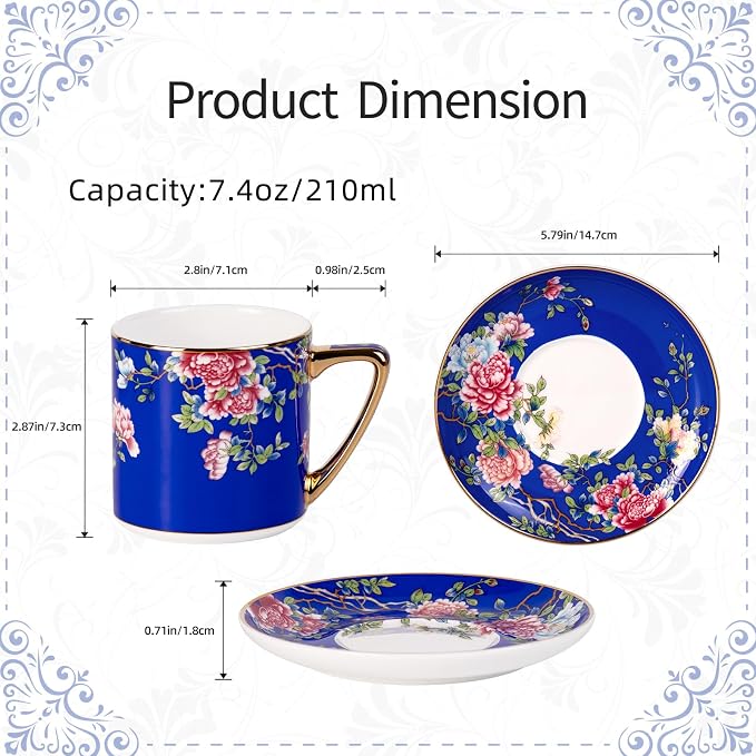 KAMMAK Tea Cups and Saucers Set of 2, Porcelain Coffee Cups with Saucer for Espresso, Cappuccino, 7.4oz Vintage Red and Blue Ceramic Novelty Mug for Home, Tea Party, Office, 631+632N