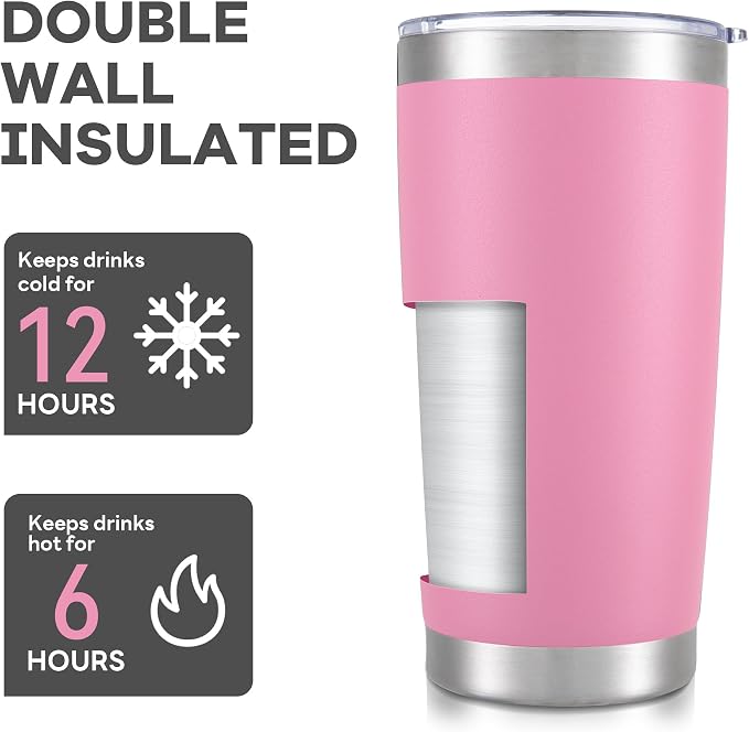 20 oz Tumbler with Lid Stainless Steel Double Wall Vacuum Insulated Tumblers Powder Coated Cups Travel Mug Keep Drinks Cold and Hot, Pink