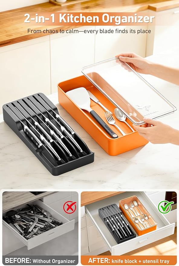 MAD SHARK 2-in-1 Detachable Knife Block & Silverware Organizer, Drawer Knife Holder for 7 Knives, BPA-Free, Blade-Safe Slots, Save Counter Space, Kitchen Drawer or Counter Storage, No Knives