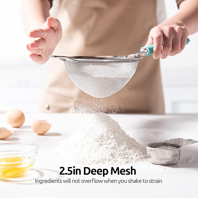 18/8 Stainless Steel Mesh Strainer: U-Taste 5.5 Inch Kitchen Fine Mesh Sieve Food Colander with Riveted Sturdy Silicone Handle and 30 Mesh Hole for Straining Flour, Pasta, Fruit, Quinoa(Aqua Sky)