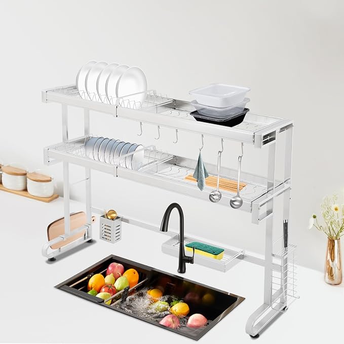 Over The Sink Dish Drying Rack, 3-Tier Drying Drainer Rack Over Sink Stainless Steel Adjustable 45.27'', Large Dish Drainer Drying Rack with Multiple Baskets Utensil Sponge Holder Sink Caddy