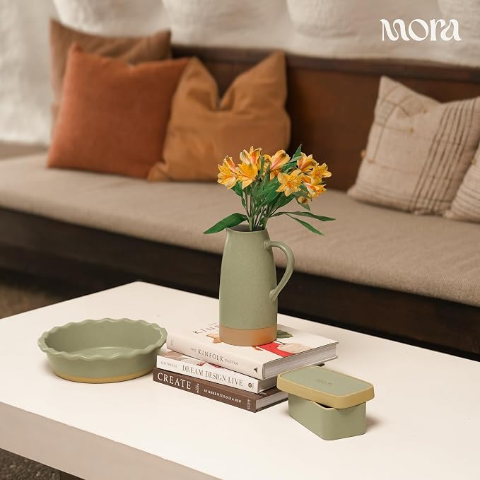 MORA Ceramic Pie Pan for Baking - 9 inch - Deep and Fluted Pie Dish for Old Fashion Apple Pie, Quiche, Pot Pies, Tart, etc - Modern Farmhouse Style Porcelain Ceramic Pie Plate - Thyme