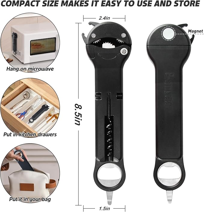 7 in 1 Jar Opener Bottle Opener and Wine Opener for Seniors with Arthritis, Weak Hands, Multi Retractable Magnetic Can Opener, Original Kitchen Lid Opener Tool (Black)
