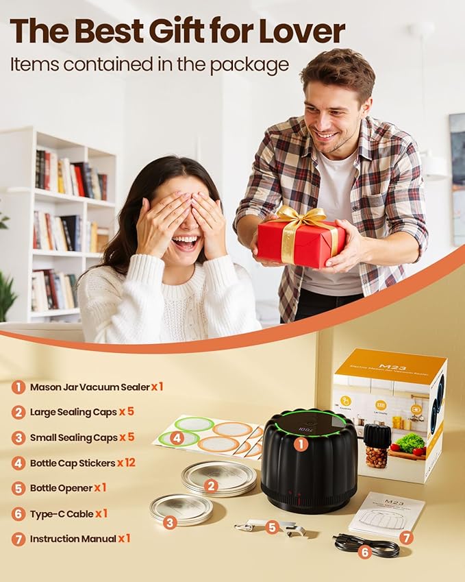 2026 Upgraded Electric Mason Jar Vacuum Sealer Kit with Wide and Regular Mouth Mason Lids -80kpa Automatic Vacuum Pump 2500mAh Battery One Touch Canning Sealing Machine for Food Storage Black