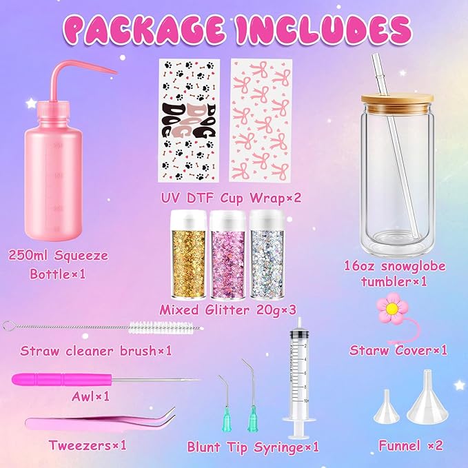 kiddgroo Snow Globe Tumbler Supplies ，16 Pcs DIY Glitter Snowglobe Cup Set– Includes 16oz Double-Wall Acrylic Tumbler, UV DTF Wraps, Craft Glitter, and DIY Tools
