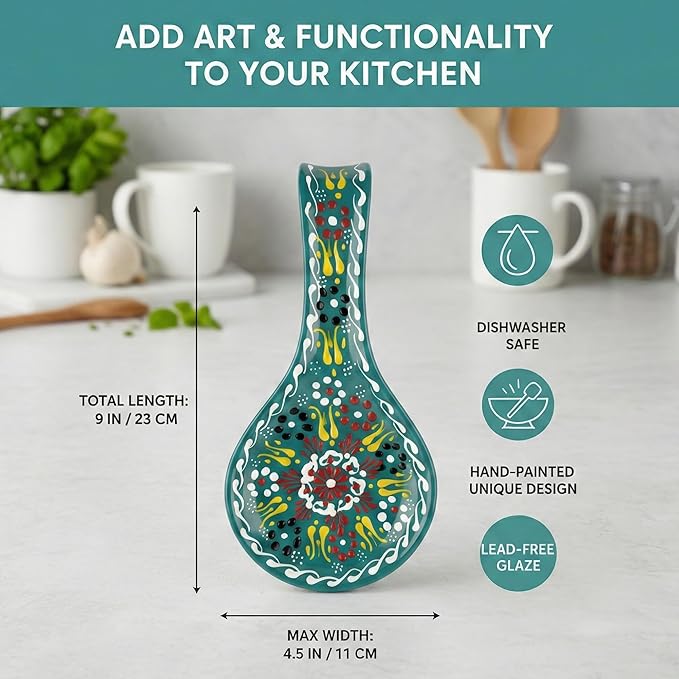 BCS Ceramic Spoon Rest, Large 9” Hand Painted Spoon Holder for Stove Top & Kitchen Counter, Dishwasher Safe & Heat Resistant Utensil Holder, Floral Kitchen Decor, Handmade Pottery