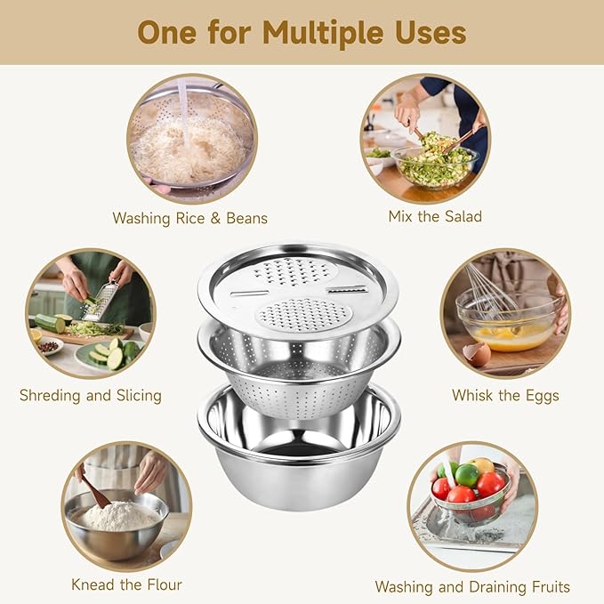 Multifunctional Stainless Steel Basin with Grater, 11 Inch Salad Maker Bowl, Vegetable Slicer Shredder Colander, Stainless Steel Grater Bowl Set for Kitchen