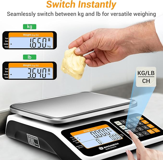 Commercial Food Scale 66lb/30kg, High Precision Digital Price Computing Scale for Farmers Marke, Deli, Dual Backlit LCD Display, Stainless Steel Platform, Rechargeable Battery for Produce Meat
