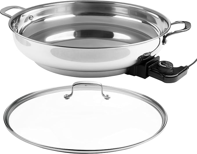 CucinaPro XL Electric 16" Skillet, 18/10 Stainless Steel Pan with Lid | Round with Adjustable Temperature Control Probe, Tempered Glass Lid & Handle, Portable, Durable Cookware Large Family Meal