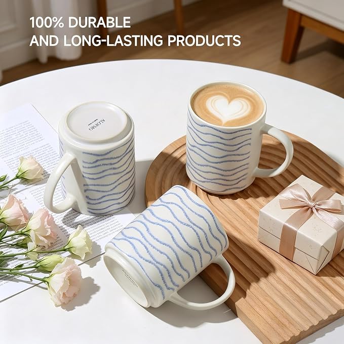Coffee Mugs Set of 6, 17oz Ceramic Mugs with Handpainted Blue Gray Stripe Pattern, Modern Stackable Coffee Cups, Dishwasher and Microwave Safe Mugs for Home & Office (Wavy Pattern)
