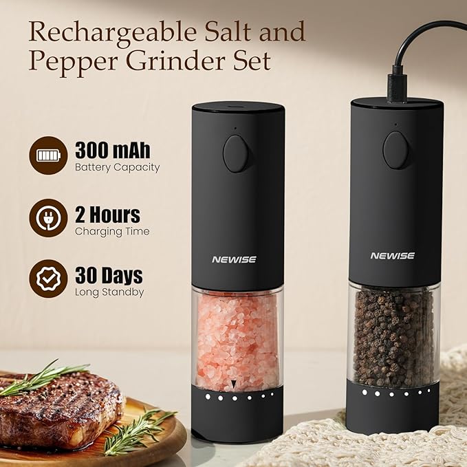 Newise Electric Salt & Pepper Grinder Set, Rechargeable with LED Light & External Coarseness Adjustment, Kitchen Gadgets for Mom Home Cooks & Families - Black