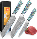 KEENZO 3PCS Kitchen Knife Set, Professional Kitchen Knives with 8"Chef, 8"Kiritsuke knife, 5"Utility Knife, Japanese Hand Forged 67 Layers Damascus Steel Cooking Knife, Ergonomic Abalone Shell Handle
