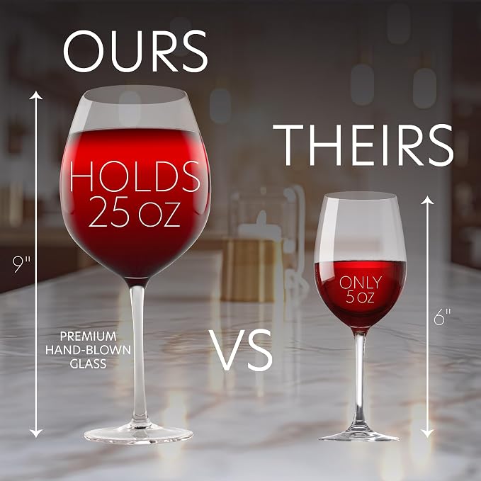Oversized 33.5oz Wine Glasses (2 Pack) - Holds a Full Bottle of Wine - Made of Hand-Blown Glass NOT Plastic - XL Glassware Fun for Charcuterie Boards, Bachelorette Trips & Weddings - Mothers Day Gifts