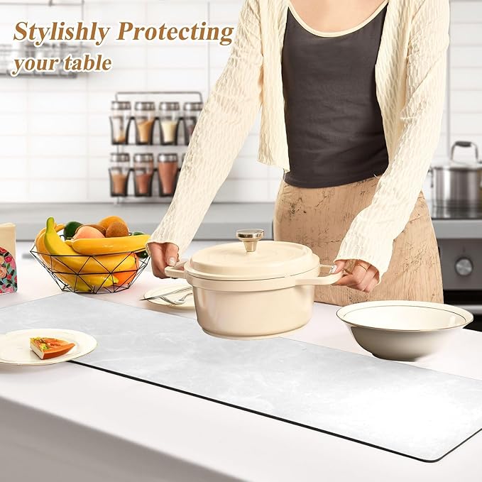 2 in 1 Table Runner Trivet for Hot Pots and Pans Heat Resistant Non Slip Waterproof 39 x 12 Inch Decorative Table Protector for Kitchen Countertop Marble White