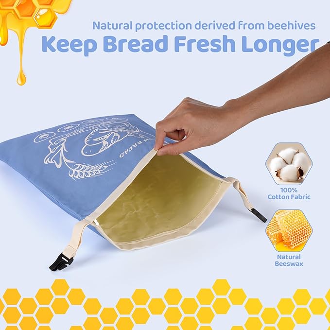 2 Pack Beeswax Bread Bags with Zipper, XL(13x17in) Sourdough Bread Storage for Homemade, Freezer Storage Bag to Keep Fresh, Cotton Beeswax Container, Baguette Bag with Liner, Kitchen Baking (Blue)