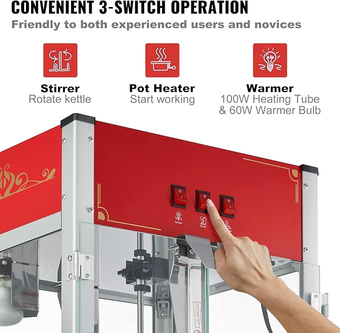 VEVOR Commercial Popcorn Machine, 12 Oz Kettle, 1440 W Countertop Popcorn Maker for 80 Cups per Batch, Theater Style Popper with 3-Switch Control Steel Frame Tempered Glass Doors 1 Scoop 2 Spoons, Red | 80 Cups per Batch, Theater Style Popper with 3-Sw...