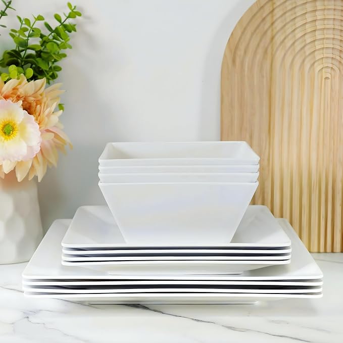 TP 12-Piece Melamine Dinnerware Sets, Plates and Bowls Dishes Set for 4, Break-Resistant & Non-Microwavable, Lightweight Square Dinner Plates, White