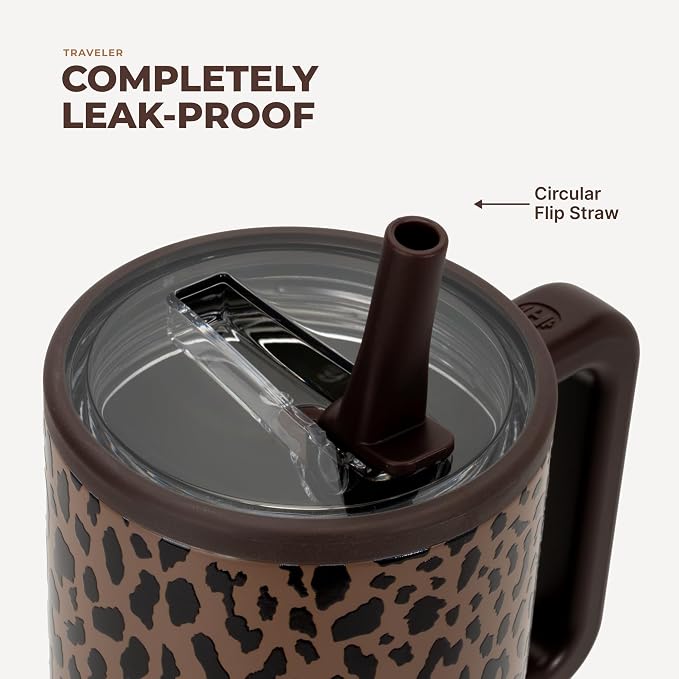 HydroJug Traveler 32oz, Insulated Tumbler with Handle & Straw, Brown Leopard