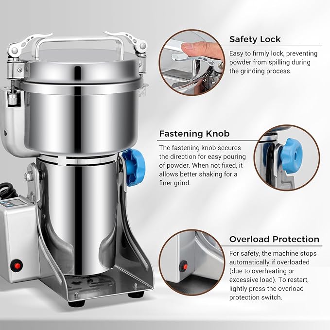 LEEVOT Electric Grain Grinder Mill, 1000g High-Speed Spice & Herb Grinder, Commercial Powder Machine for Dry Cereals, Grain, Coffee, Corn, Beans – CE Approved