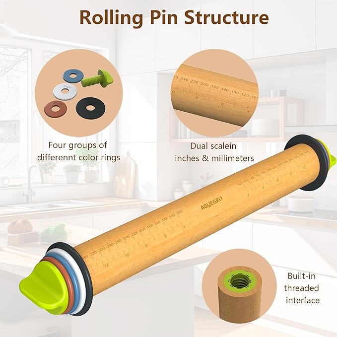 Rolling Pin with Adjustable Thickness Ring and Silicone Baking Mat for Baking, Fondant,Pizza,Pie,Cookies,Pastries,13.6"Wooden Rolling Pin Dough Roller with 4 Multi-Color Thickness Rings