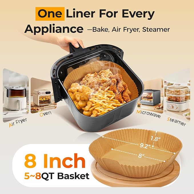 Air Fryer Paper Liners: 100Pcs Parchment Paper, 8" Air Fryer Liner Disposable for Microwave, Non-Stick Square Air Fryer Basket Liner