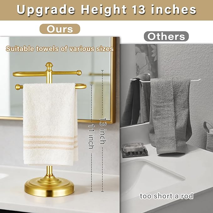 Hand Towel Stand,304 Stainless Steel Hand Towel Holder for Bathroom Kitchen Counter，14.5 Inch S-Shape Weighted Base Standing Hand Towel Rack Bar Holds 2 Towels (Gold)
