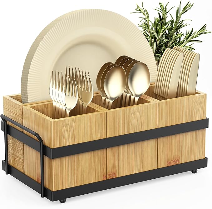 Silverware Caddy for Party, Silverware Holder with 4 Removable Compartments for Countertop Organizing Utensils, Paper Plates, Flatware, Wood Sevring Caddy