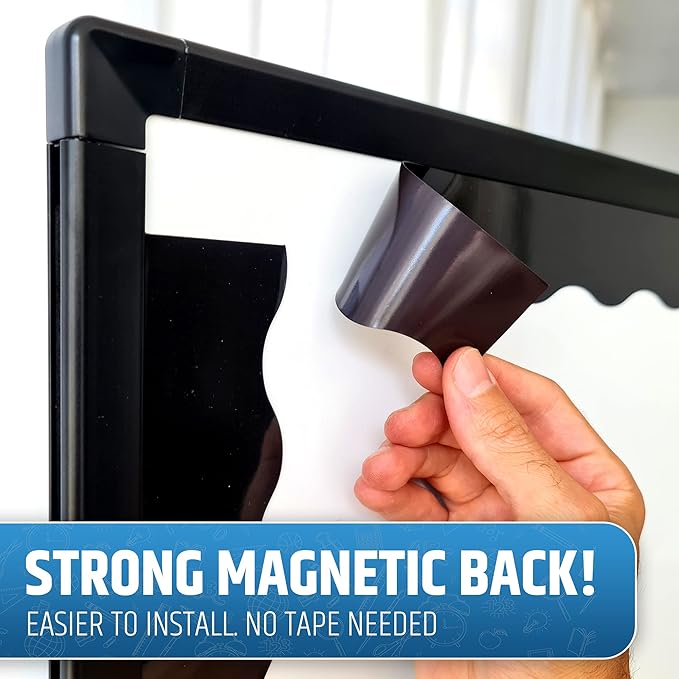 Strong & Wide Magnetic Borders for Classroom Whiteboard - Visible Magnetic Strips for Teachers (4 Designs Available) | Wavy Plain - Black | 12 Strips of 24X1.75 Inch - 24 Feet Total