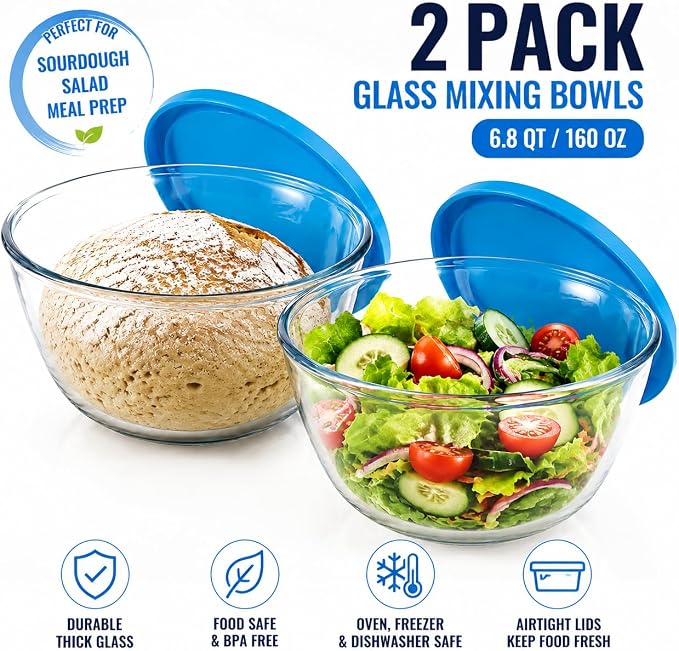 Glass Sourdough Mixing Bowls with Lids, 2-Pack Large Capacity Clear Bowls, 4.76 Quart for Bread Making, Perfect for Mixing, Proofing, Storing Dough