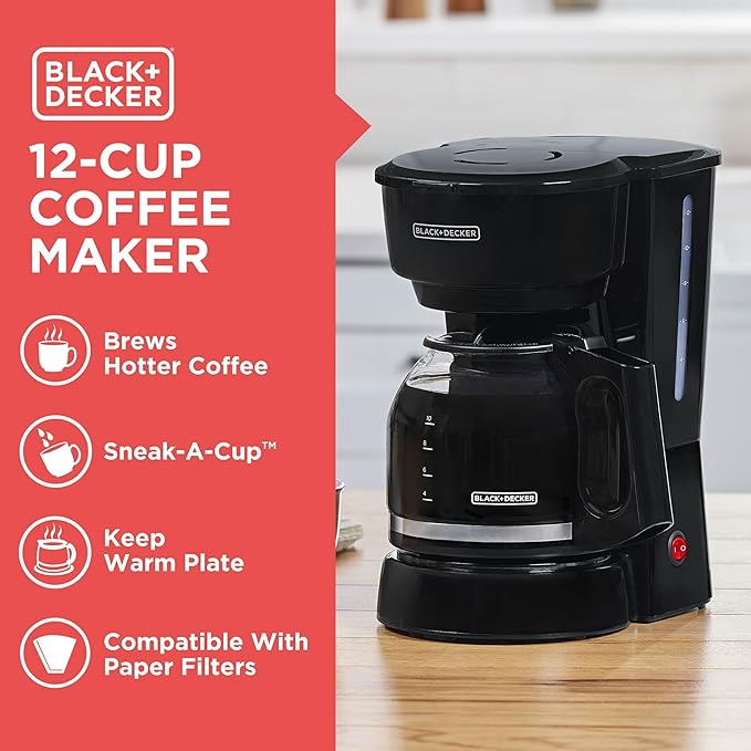 BLACK+DECKER 12-Cup Coffee Maker with Easy On/Off Switch, Easy Pour, Non-Drip Carafe with Removable Filter Basket, Vortex Technology, Black (Pack of 4)
