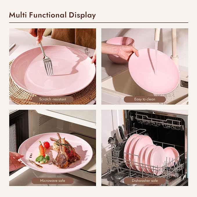 KINGSTONE 24-Piece Bone China Dinnerware Set for 8, Lightweight Porcelain Round Plates and Bowls Set, Durable Scratch Resistant Ceramic Dinner Set, Microwave & Dishwasher Safe, Sakura Pink