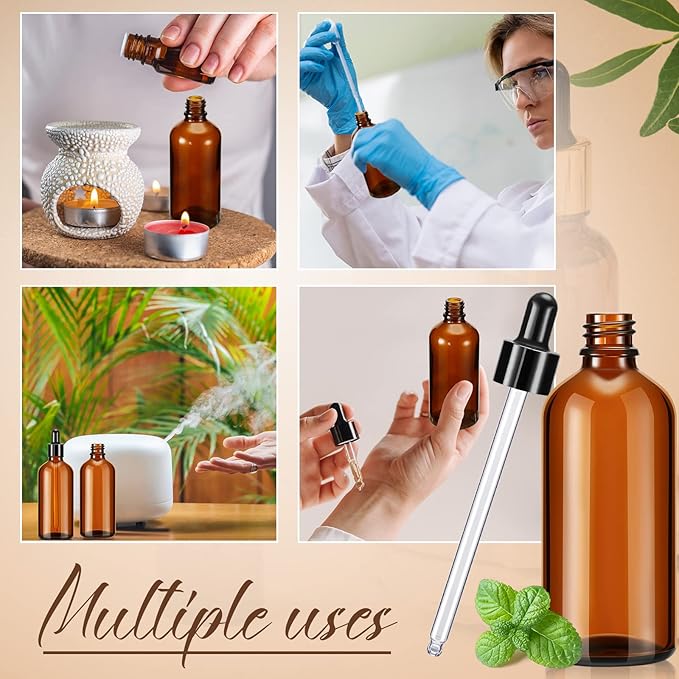 Lallisa 48 Pack 4oz Amber Glass Bottles with Glass Eye Droppers for Essential Oils with 4 Pcs Long Pipettes 4 Funnel and 80 Label, 120 ml Droppers for Perfumes Lab Travel