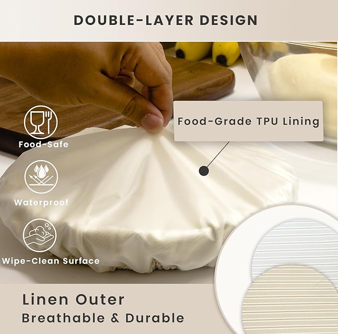 Reusable Bowl Covers for Bread Proofing(2-Pack) – Double-Layer Linen & Food-Grade TPU Liner – Elastic Cloth Cover for Sourdough, Dough Proofing, Fermentation, Food Storage