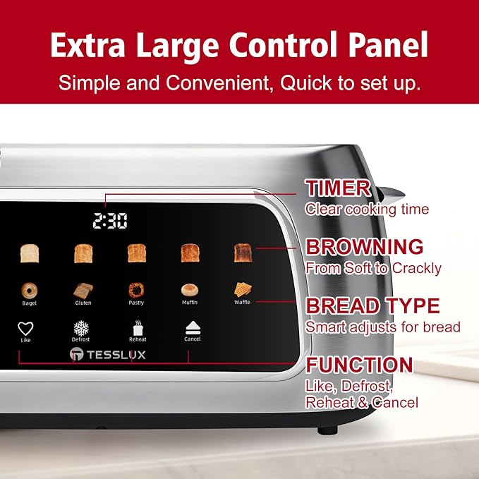 Tesslux 4 Slice Toaster with Touch Screen Control, 1.5" Wide Long Slots, 6 Browning Levels & 6 Bread Types, Digital Timer, Memory, Defrost, Reheat (Silver, 4 Slice)