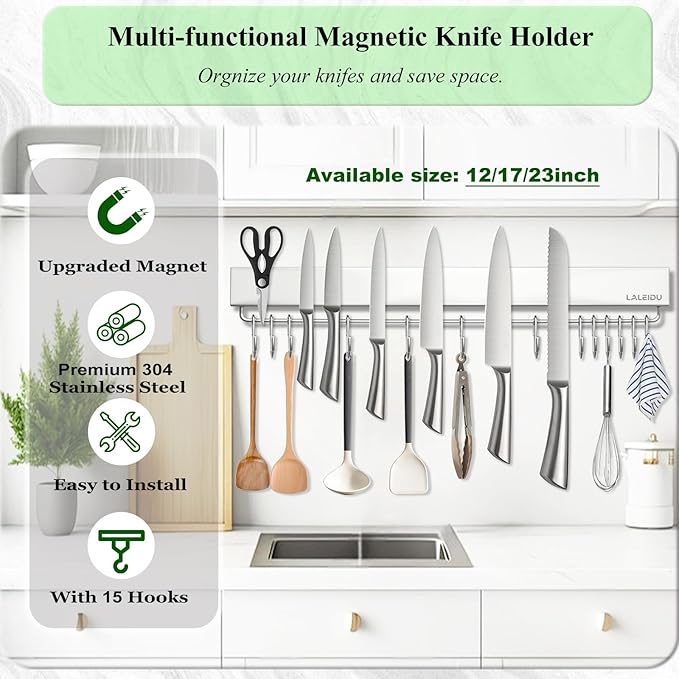 Magnetic Knife Holder for wall, 23 Inch Knife Magnetic Strip with 15 Hooks, Stainless Steel Knife Holder Magnet Rack for Kitchen Organizer, Mount with Adhesive or Screws
